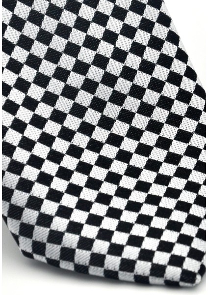 Siyah Piti Kare Desenli Beyaz Dokuma Kumaş Mendilli Slim Fit Kravat // SDK-2503-4 modelleri
