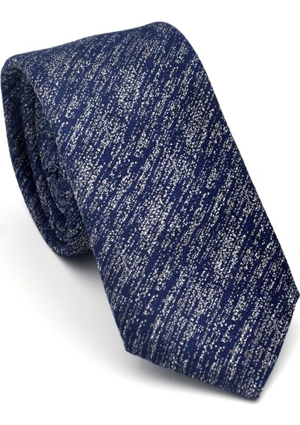 Gri Kırcıllı Desenli Lacivert Dokuma Kumaş Mendilli Slim Fit Kravat // SDK-2501-2