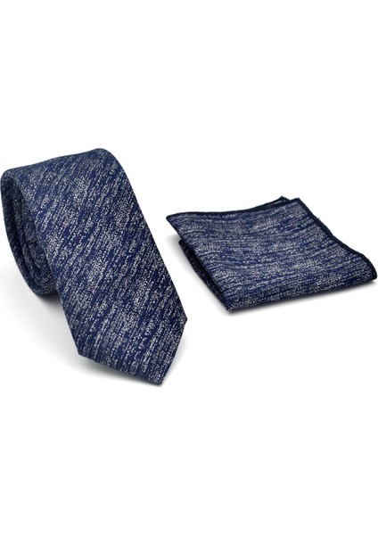 Gri Kırcıllı Desenli Lacivert Dokuma Kumaş Mendilli Slim Fit Kravat // SDK-2501-2 fiyatları