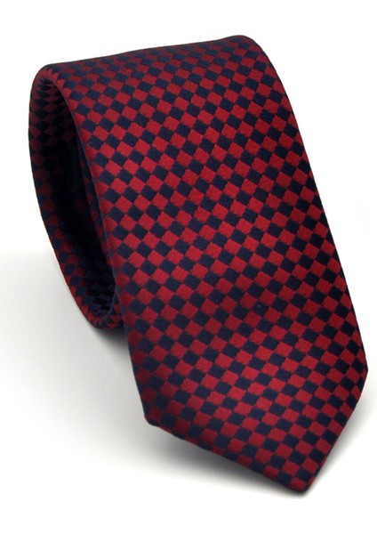 Lacivert Piti Kare Desenli Bordo Dokuma Kumaş Mendilli Slim Fit Kravat // SDK-2503-6