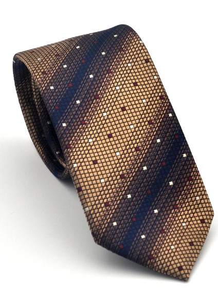 Kahverengi Verev Desenli Bej Dokuma Kumaş Mendilli Slim Fit Kravat // SDK-2505-5