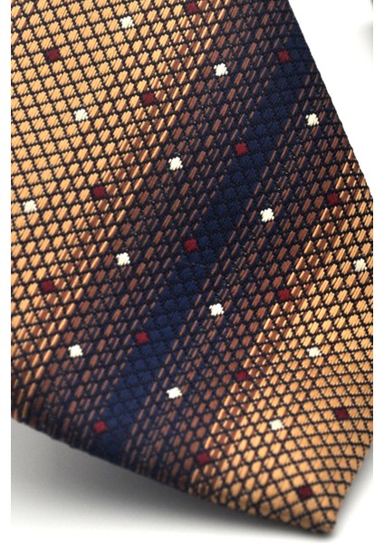Kahverengi Verev Desenli Bej Dokuma Kumaş Mendilli Slim Fit Kravat // SDK-2505-5 modelleri