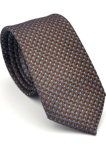 Mavi Nokta Desenli Kahverengi Dokuma Kumaş Mendilli Slim Fit Kravat // SDK-2510-5