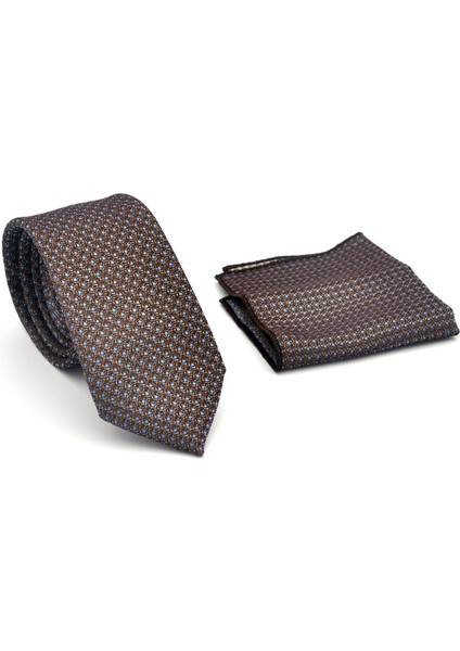 Mavi Nokta Desenli Kahverengi Dokuma Kumaş Mendilli Slim Fit Kravat // SDK-2510-5 fiyatları