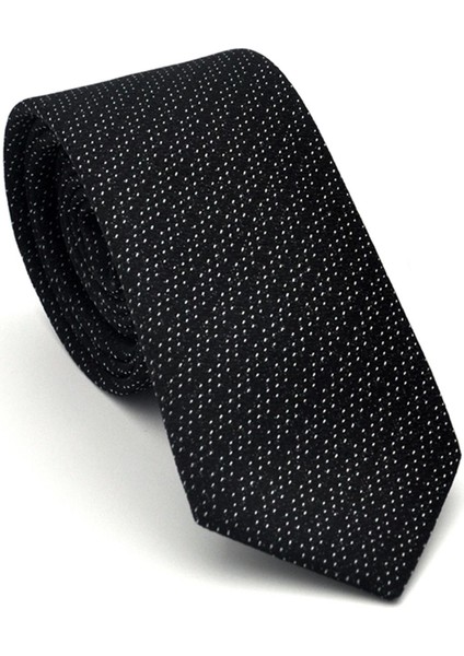 Beyaz Kırcıl Desenli Siyah Dokuma Kumaş Mendilli Slim Fit Kravat // SDK-2504-1