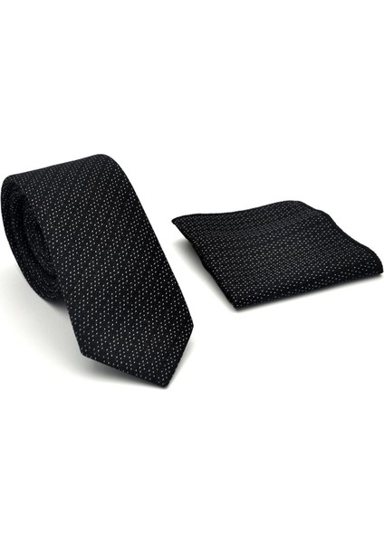 Beyaz Kırcıl Desenli Siyah Dokuma Kumaş Mendilli Slim Fit Kravat // SDK-2504-1 fiyatları