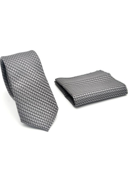 Beyaz Küçük Kare Desenli Gri Dokuma Kumaş Mendilli Slim Fit Kravat // SDK-2511-4 fiyatları