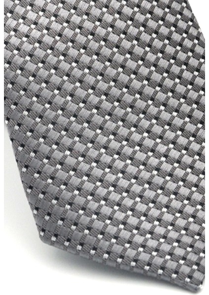 Beyaz Küçük Kare Desenli Gri Dokuma Kumaş Mendilli Slim Fit Kravat // SDK-2511-4 modelleri