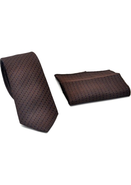 Bej Kırcıl Desenli Kahverengi Dokuma Kumaş Mendilli Slim Fit Kravat // SDK-2504-4 fiyatları