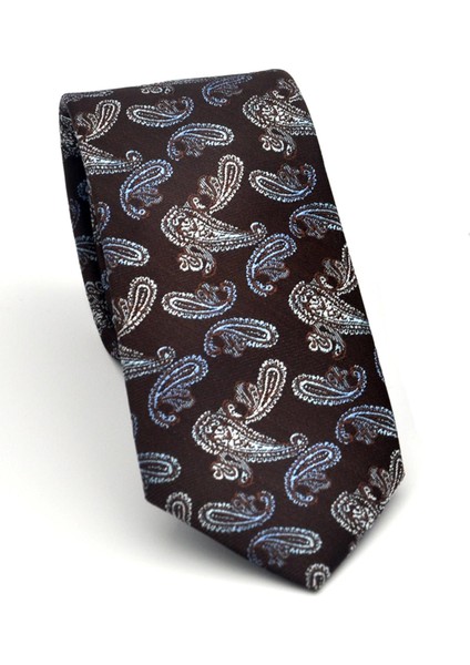 Mavi Şal Desenli Kahverengi Dokuma Kumaş Mendilli Slim Fit Kravat // SDK-2507-5