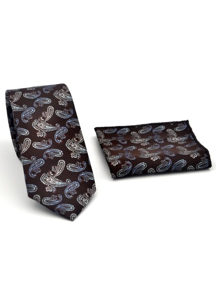 Mavi Şal Desenli Kahverengi Dokuma Kumaş Mendilli Slim Fit Kravat // SDK-2507-5 fiyatları