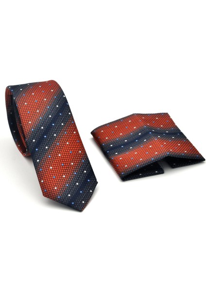 Lacivert Verev Desenli Koyu Turuncu Dokuma Kumaş Mendilli Slim Fit Kravat // SDK-2505-6 fiyatları