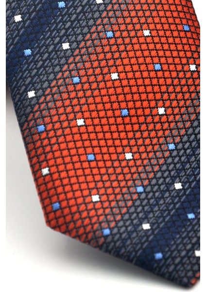 Lacivert Verev Desenli Koyu Turuncu Dokuma Kumaş Mendilli Slim Fit Kravat // SDK-2505-6 modelleri