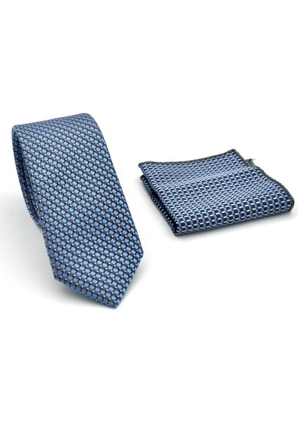 Beyaz Küçük Kare Desenli Mavi Dokuma Kumaş Mendilli Slim Fit Kravat // SDK-2511-5 fiyatları