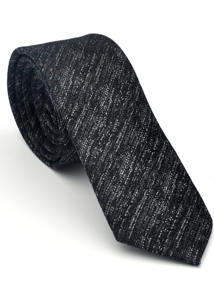 Gri Kırcıllı Desenli Siyah Dokuma Kumaş Mendilli Slim Fit Kravat // SDK-2501-1