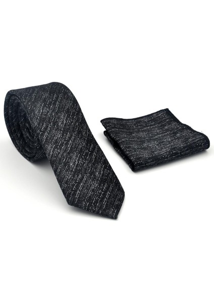 Gri Kırcıllı Desenli Siyah Dokuma Kumaş Mendilli Slim Fit Kravat // SDK-2501-1 fiyatları