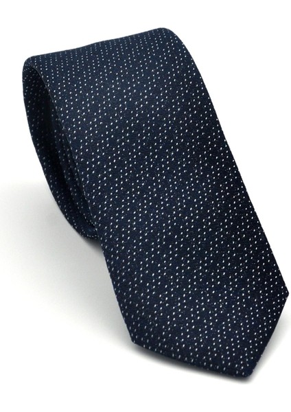 Beyaz Kırcıl Desenli Lacivert Dokuma Kumaş Mendilli Slim Fit Kravat // SDK-2504-2