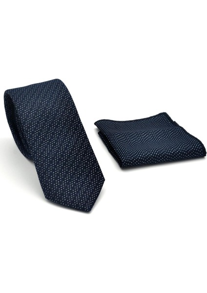 Beyaz Kırcıl Desenli Lacivert Dokuma Kumaş Mendilli Slim Fit Kravat // SDK-2504-2 fiyatları