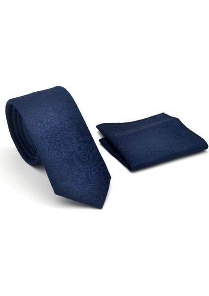 Şal Desenli Lacivert Dokuma Kumaş Mendilli Slim Fit Kravat // SDK-2506-2 fiyatları