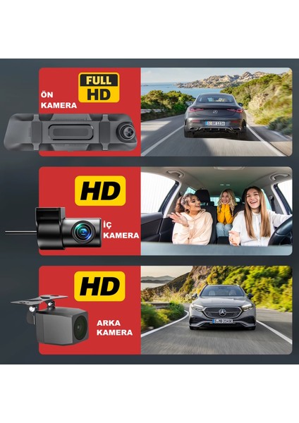 CC66 Üç (Ön +İç+ Arka) Kameralı 9,66" Tam Ekran Aynalı Araç İçi Kamera Wifi fiyatları