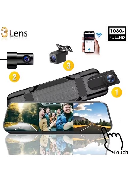 CC66 Üç (Ön +İç+ Arka) Kameralı 9,66" Tam Ekran Aynalı Araç İçi Kamera Wifi indirimleri