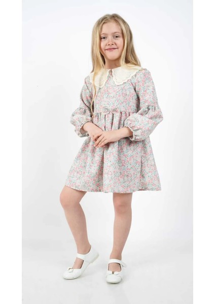 Kız Çocuk Elbise Uzun Kollu Mevsimlik Çiçek Desenli Bebe Yaka Elbise 3-7 Yaş
