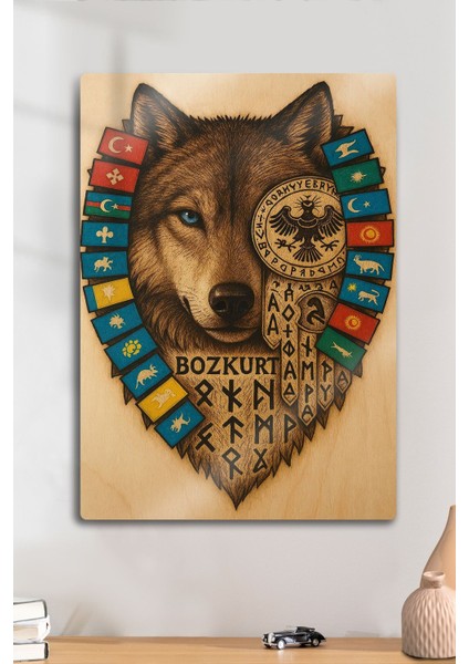 Renkli Metal Baskı, Türk Bayrağı ve Kurt Temalı Dekoratif Tablo