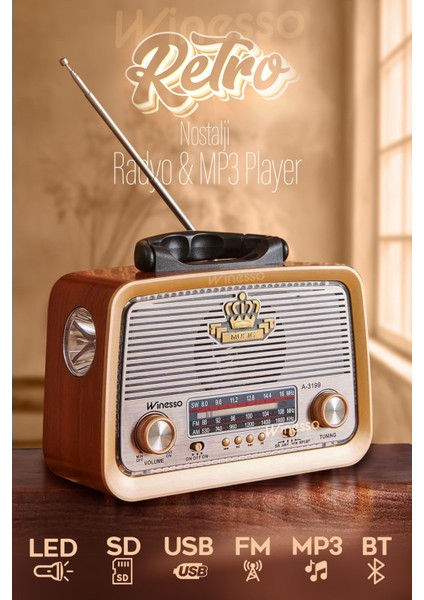 Ahşap Desenli Retro Radyo Sd Kart Bluetooth Fm/am/sw Mp3 USB LED Fener 220V ve Pilli