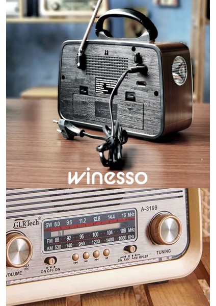 Ahşap Desenli Retro Radyo Sd Kart Bluetooth Fm/am/sw Mp3 USB LED Fener 220V ve Pilli
