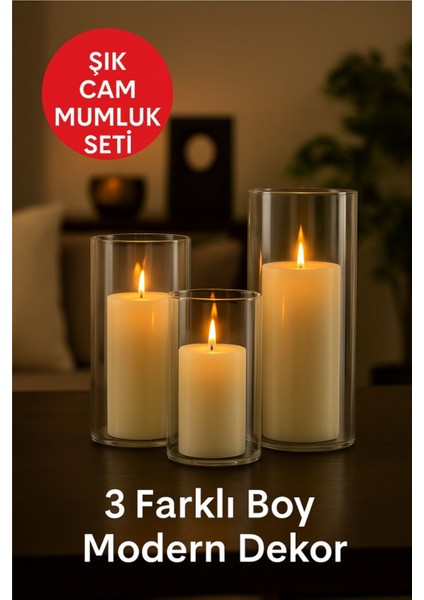 3'lü Cam Vazo ve Mumluk Seti, Şık ve Renkli Dekorasyon Aksesuarları