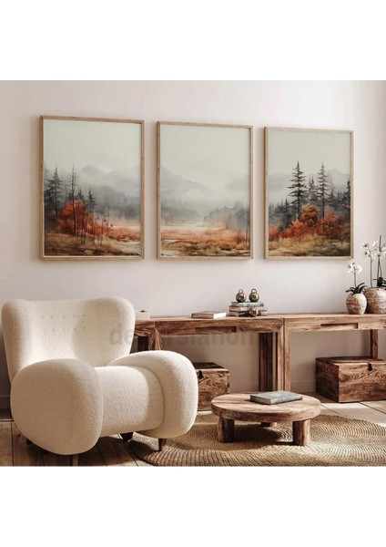 Kahverengi Ahşap Çerçeveli Sonbahar Temalı Tablo Seti