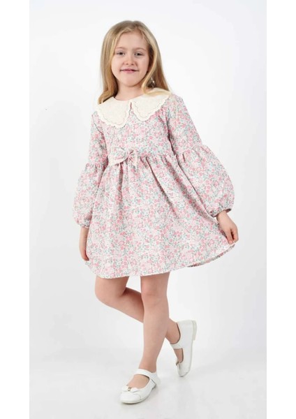 Kız Çocuk Elbise Uzun Kollu Mevsimlik Çiçek Desenli Bebe Yaka Elbise 3-7 Yaş