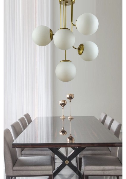 Modern Globe Camlı Beşli Avize, Şık ve Şeffaf Tasarım, Beyaz Renk