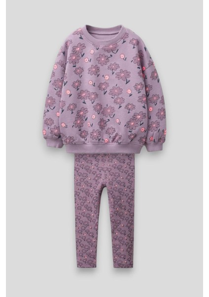 Kız Çocuk Pamuklu Lila Çiçek Desenli Sweatshirt ve Tayt Takım - Rahat ve Şık Günlük Kombin