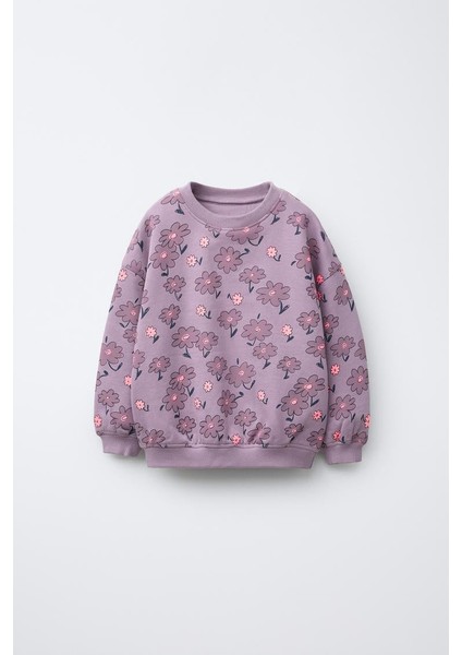 Kız Çocuk Pamuklu Lila Çiçek Desenli Sweatshirt ve Tayt Takım - Rahat ve Şık Günlük Kombin modelleri