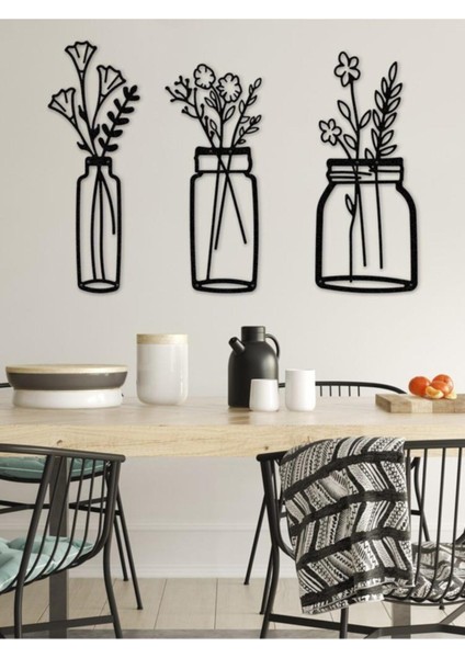 Bahar Çiçekleri Metal Duvar Tablosu 22X55CM, 3'lü Set, Siyah