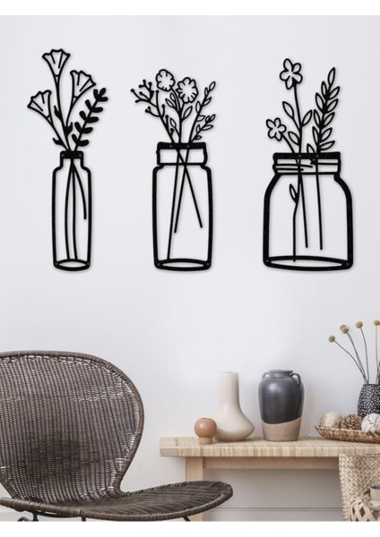 Bahar Çiçekleri Metal Duvar Tablosu 22X55CM, 3'lü Set, Siyah fırsatları
