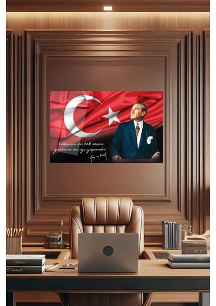 Vatan Sevgisi Temalı Kırmızı Cam Tablo, Şık Hediye, Atatürk ve Türk Bayrağı Tasarımı