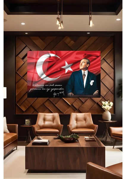 Vatan Sevgisi Temalı Kırmızı Cam Tablo, Şık Hediye, Atatürk ve Türk Bayrağı Tasarımı