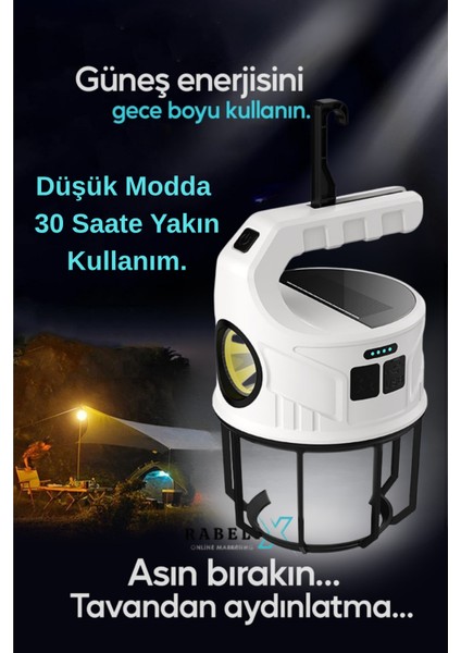 Güneş Enerjili ve Şarjlı Günışığı ve Beyaz Işıklı Kamp Lambası Askılı El Feneri