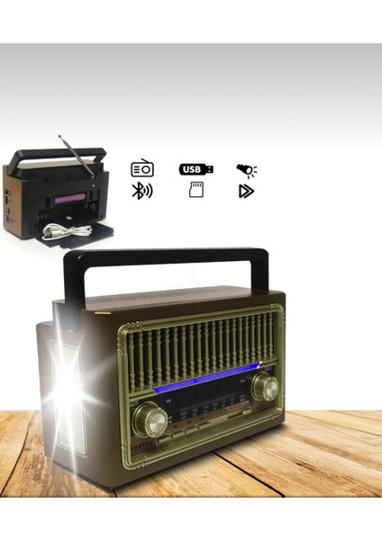 Kahverengi Nostaljik Radyo Bluetooth, Usb, Sd, El Feneri ile Çok Fonksiyonlu