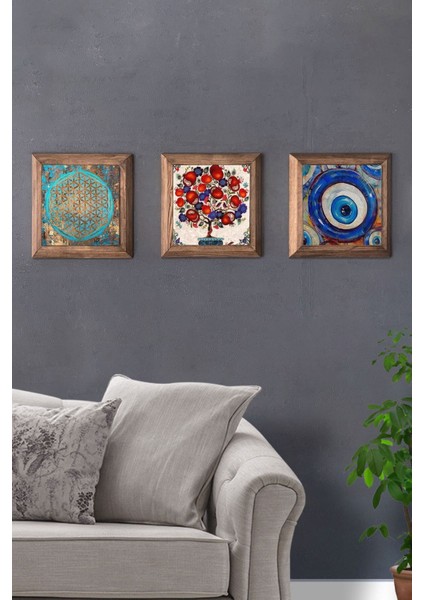Renkli 3'lü Taş Tablo Seti, Ahşap Çerçeve, 28X28 Cm, Nar Ağacı Tasarım