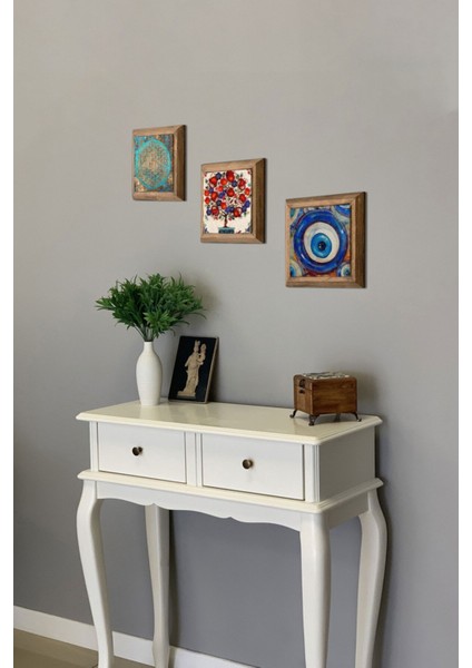 Renkli 3'lü Taş Tablo Seti, Ahşap Çerçeve, 28X28 Cm, Nar Ağacı Tasarım fiyatları