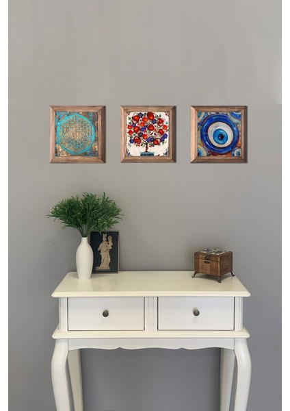 Renkli 3'lü Taş Tablo Seti, Ahşap Çerçeve, 28X28 Cm, Nar Ağacı Tasarım modelleri