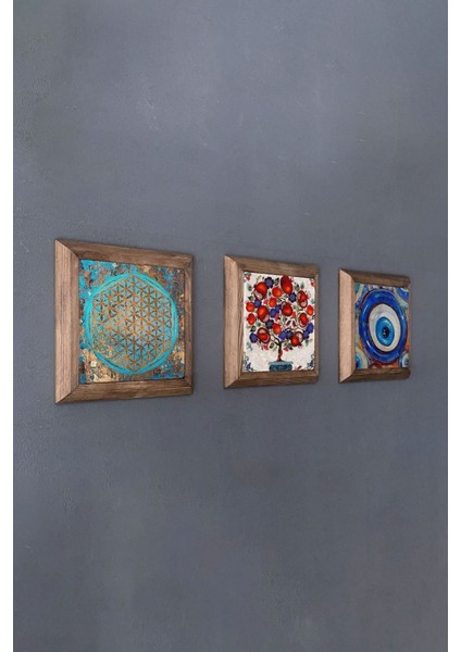 Renkli 3'lü Taş Tablo Seti, Ahşap Çerçeve, 28X28 Cm, Nar Ağacı Tasarım fırsatları