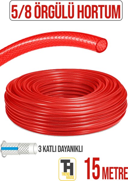 5/8 (1,59 cm) Örgülü Bahçe Hortumu Çatlamaz, Kırılmaz, Esnek (15 Metre) Kırmızı