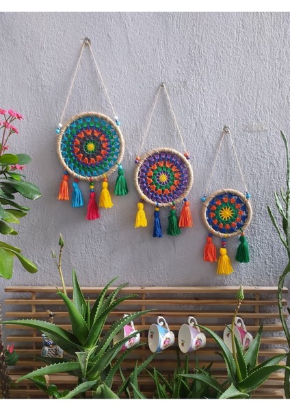 Renkli Mandala Makrome Duvar Süsü, Balkon, Bahçe, Teras Dekorasyonu, 3'lü Set