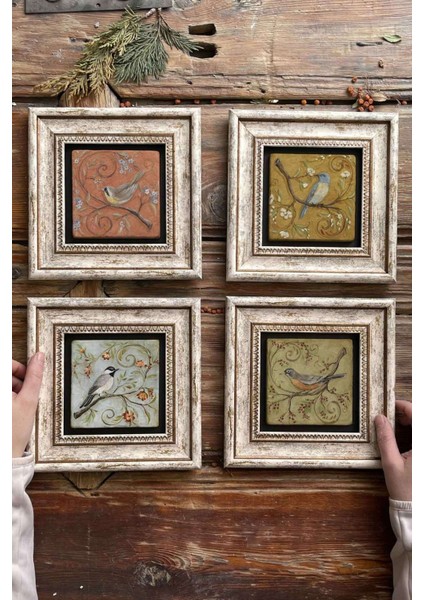 Renkli 4’lü Kuş Temalı Taş Tablo Seti 20X20CM Duvar Dekoru