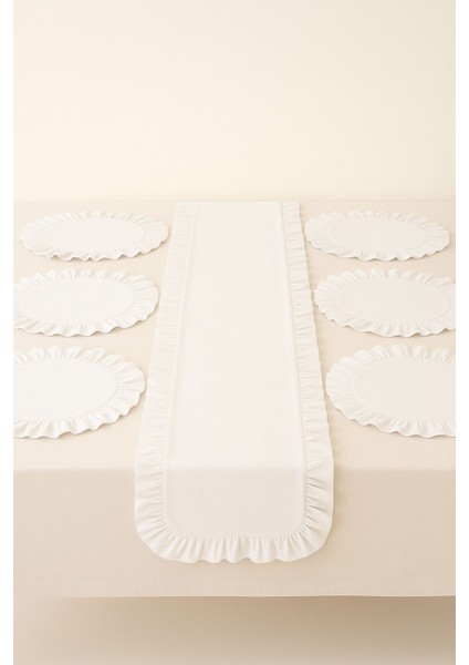 7 Parça Keten Fırfırlı Amerikan Servis ve Runner Çeyiz Seti, Şık ve Zarif Tasarım