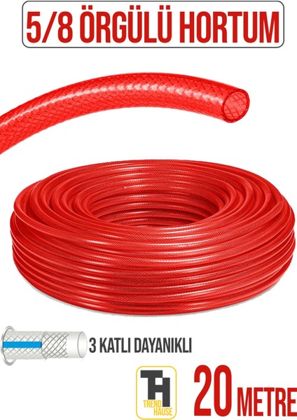 5/8 İnç (yaklaşık 1,59 cm) Örgülü Bahçe Hortumu Çatlamaz, Kırılmaz, Esnek (20 Metre) Kırmızı
